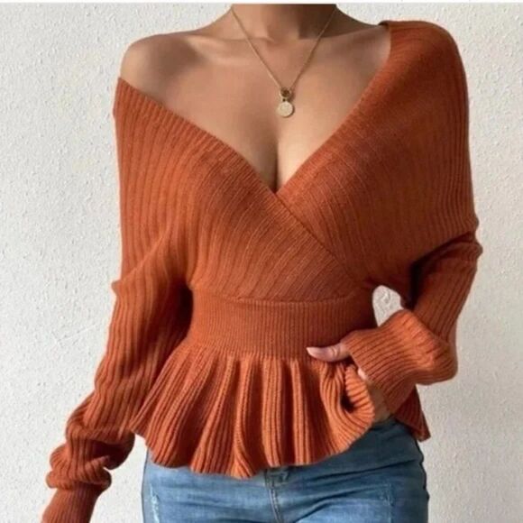 New Cozy Ribbed Batwing Peplum Ruffle Sweater Top - Picture 1 of 14
